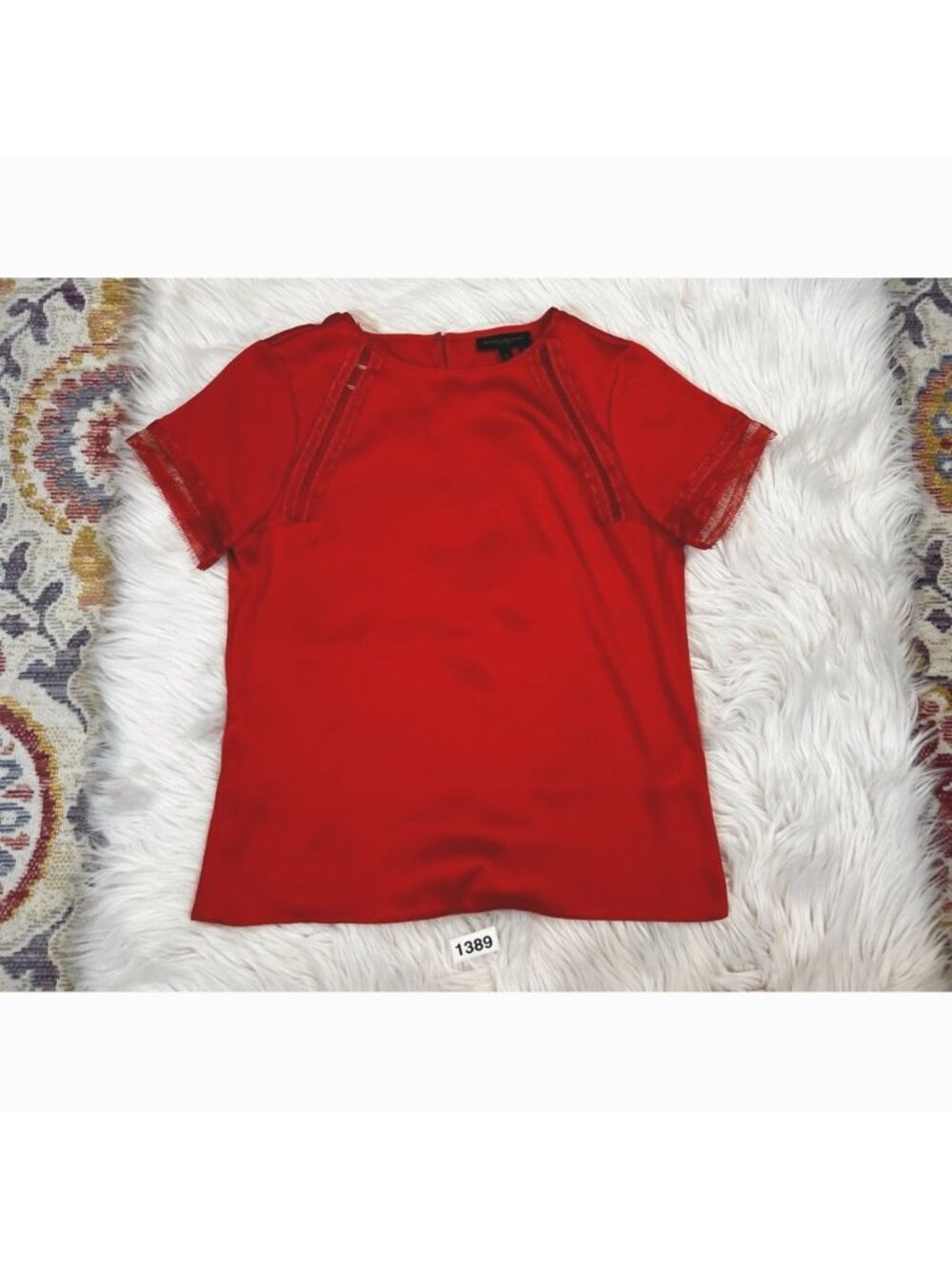 Donna Karan Womens Blouse Orange XS Short Sleeve Crochet Satin Solid Career